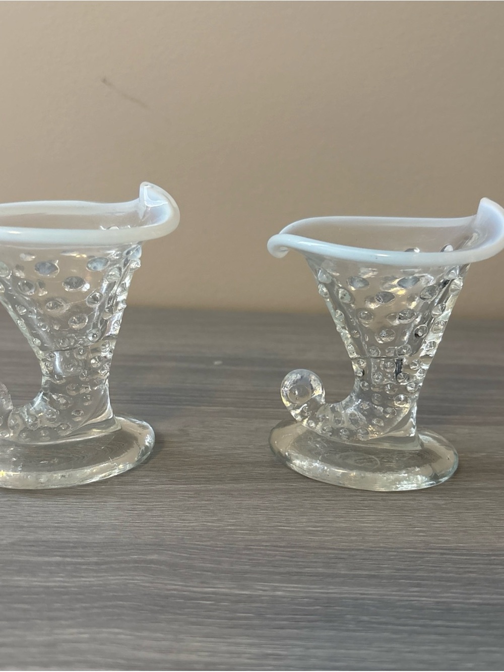 Pair Of FENTON Mini Moonstone Hobnail Cornucopia Toothpick Candle Holder